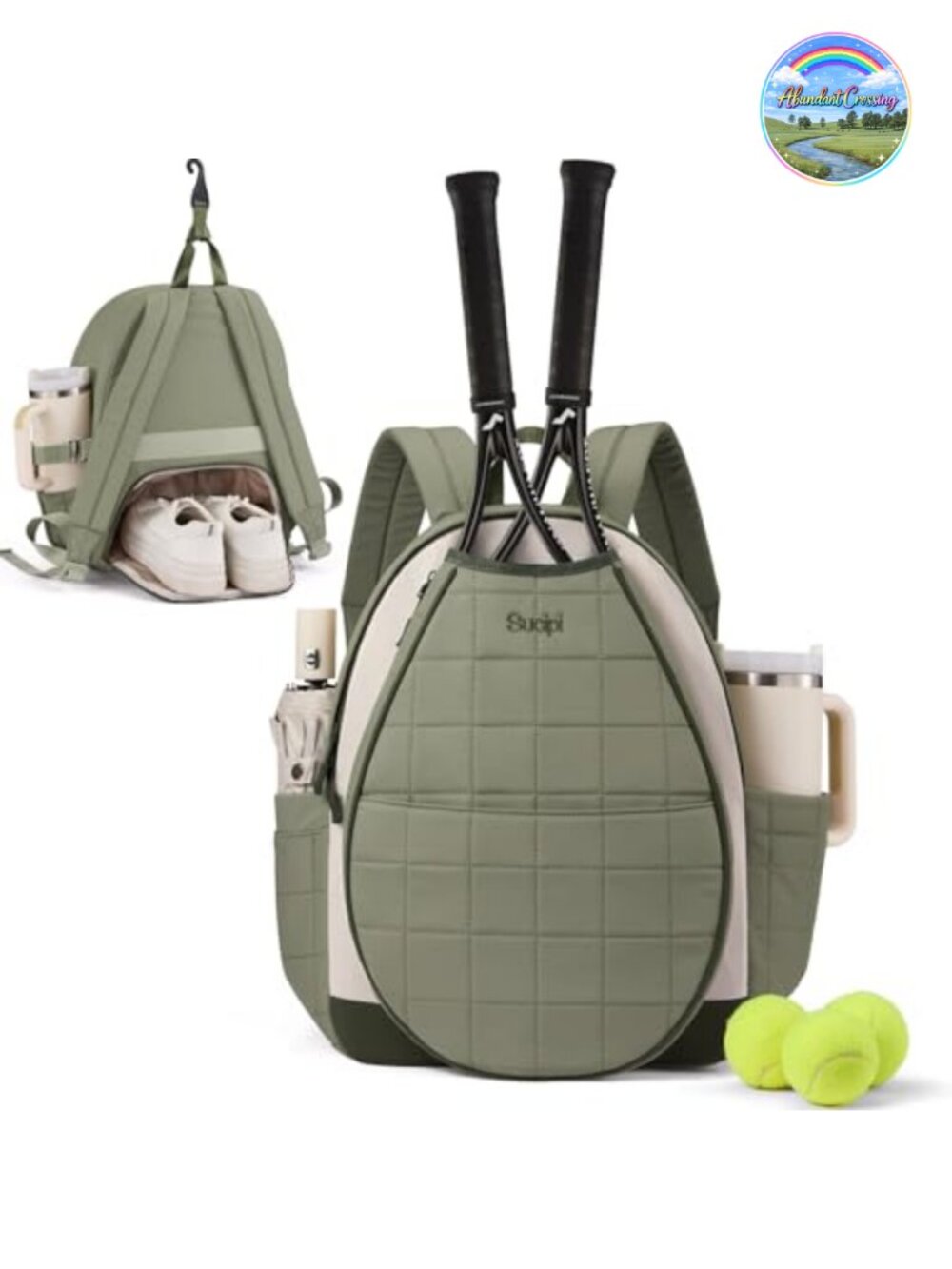 Quilted Tennis Racket Bag Backpack with Shoe Compartment and Cup Holder